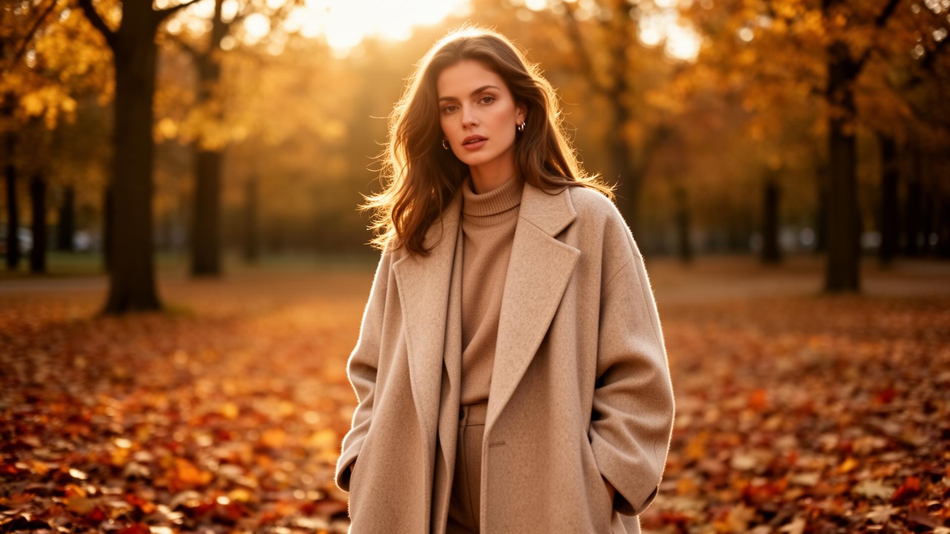 Editorial autumn outfit — woman in oversized camel coat at golden hour